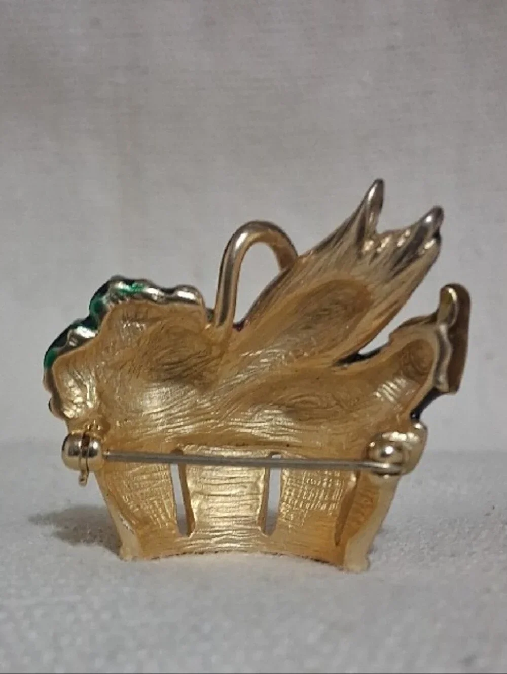 Fall Harvest Gold Basket of  Fruit Enamel Brooch Green and Red